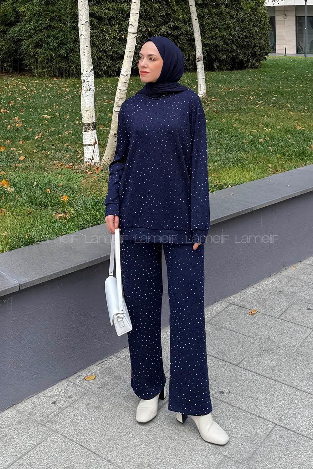 Lamelif Bisiklet Yaka Taş Detaylı Takım Lacivert