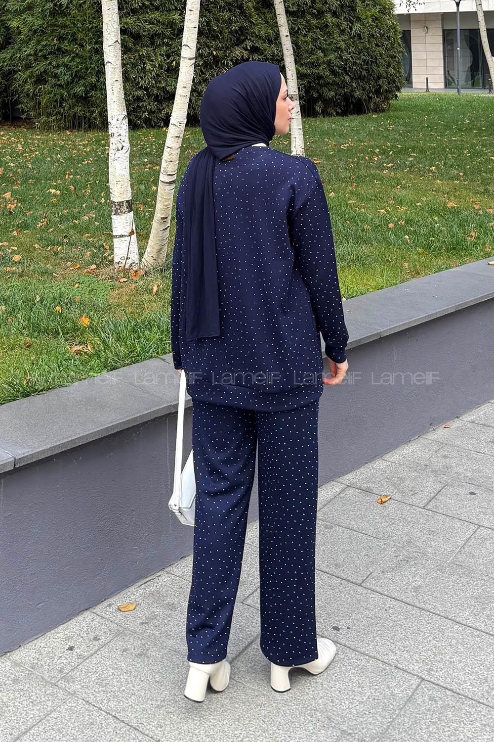 Lamelif Bisiklet Yaka Taş Detaylı Takım Lacivert