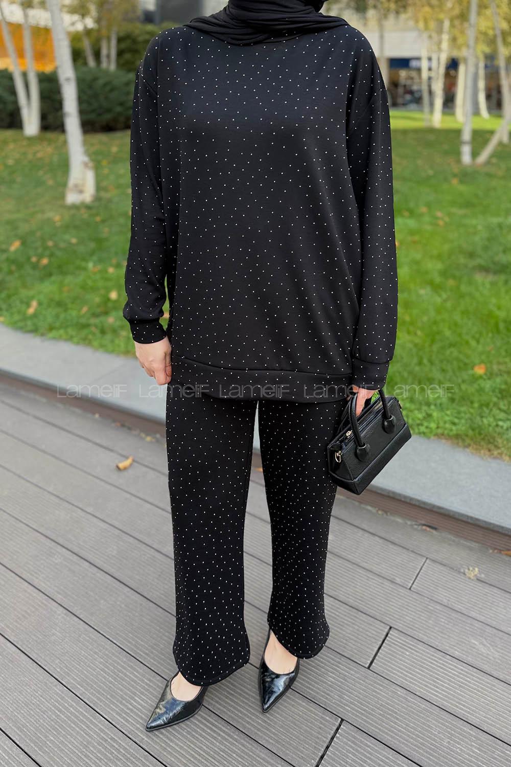 Lamelif Bisiklet Yaka Taş Detaylı Takım Siyah