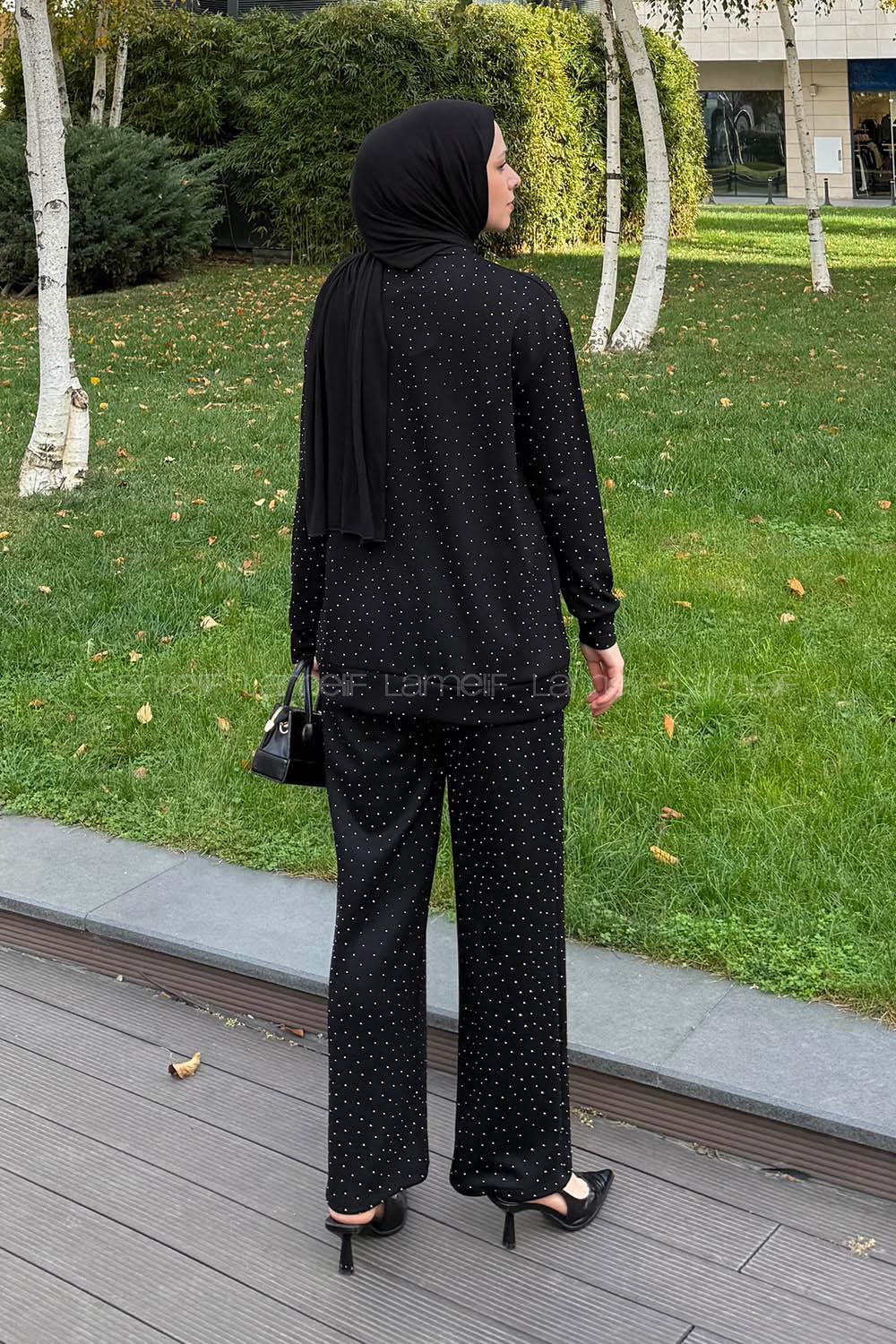 Lamelif Bisiklet Yaka Taş Detaylı Takım Siyah