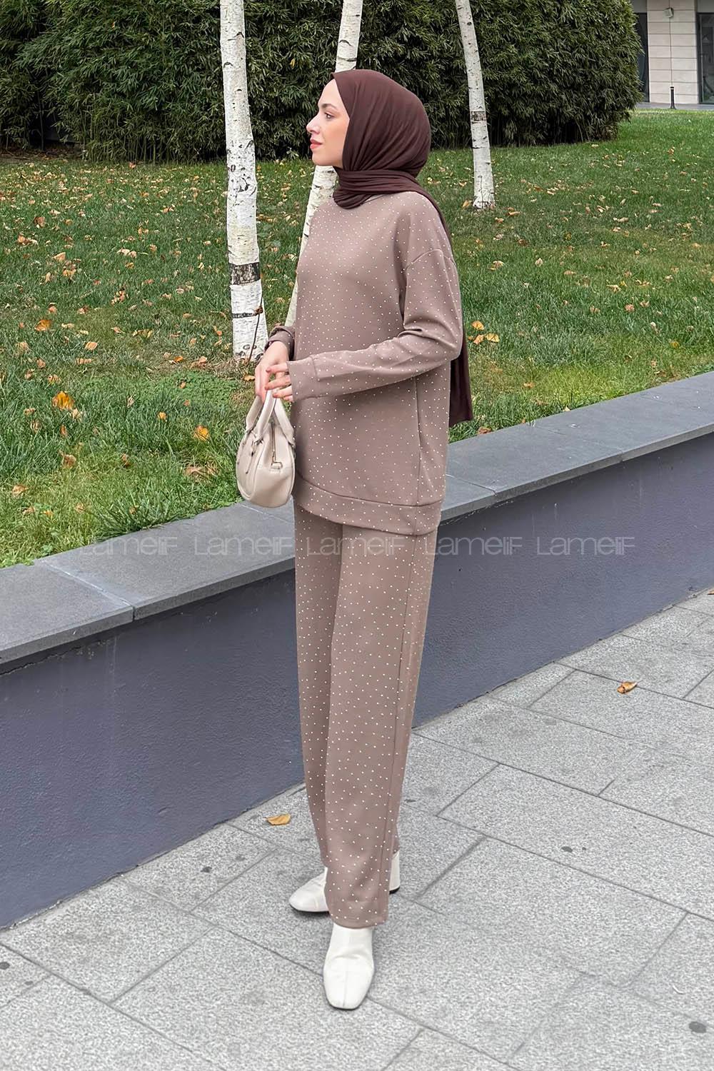 Lamelif Bisiklet Yaka Taş Detaylı Takım Soft Kahve