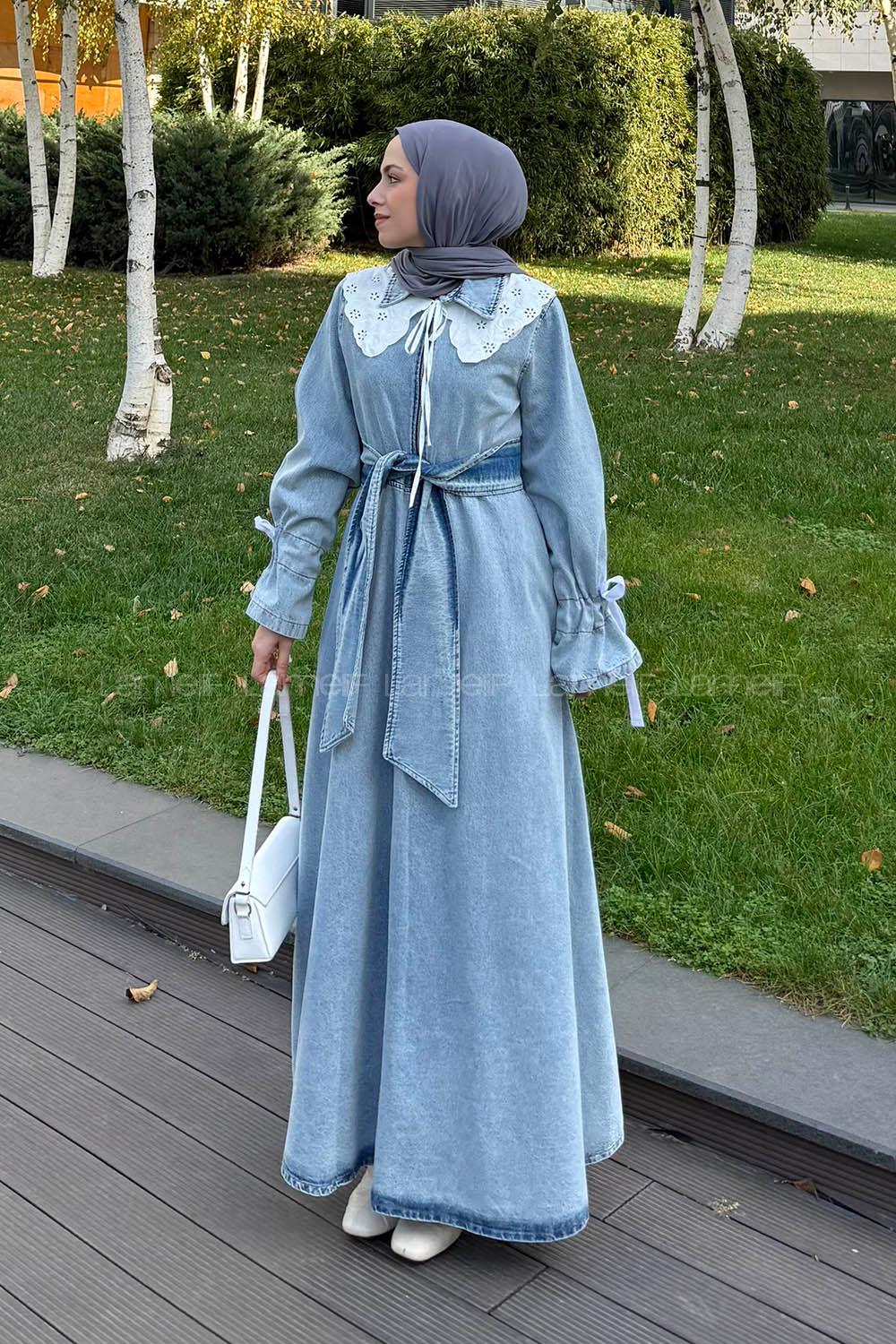 Lamelif Dantel Yaka Kot Elbise Buz Mavisi