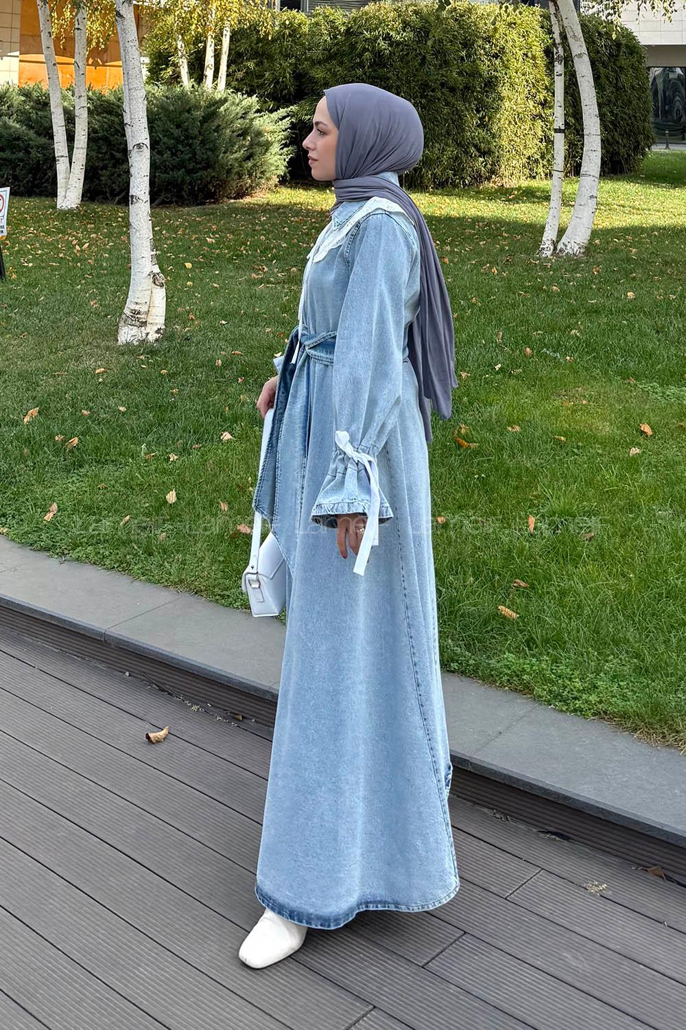 Lamelif Dantel Yaka Kot Elbise Buz Mavisi