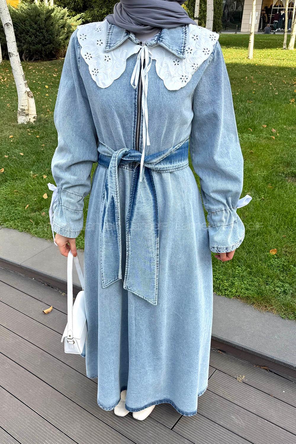 Lamelif Dantel Yaka Kot Elbise Buz Mavisi