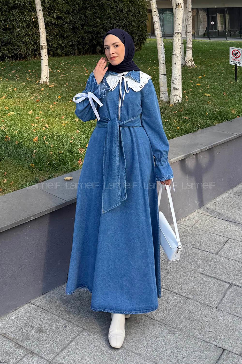 Lamelif Dantel Yaka Kot Elbise Kot Mavisi