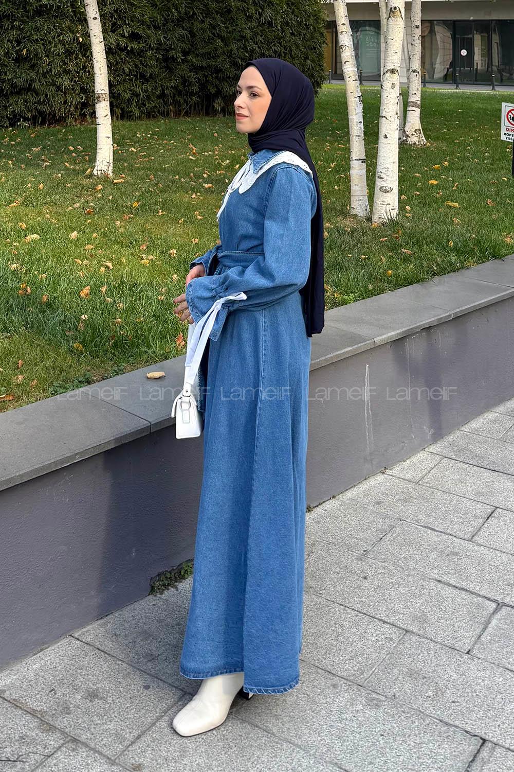 Lamelif Dantel Yaka Kot Elbise Kot Mavisi