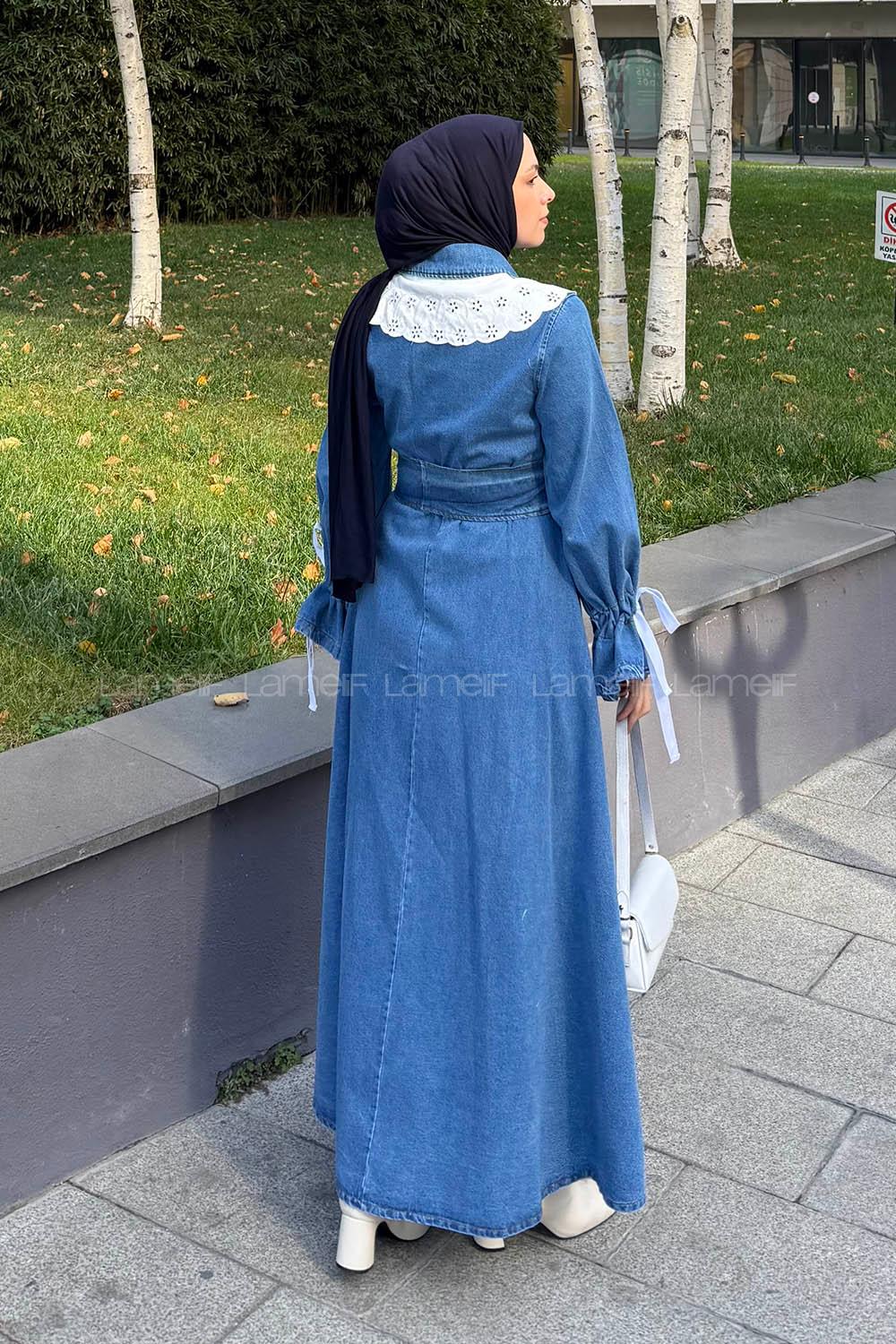 Lamelif Dantel Yaka Kot Elbise Kot Mavisi