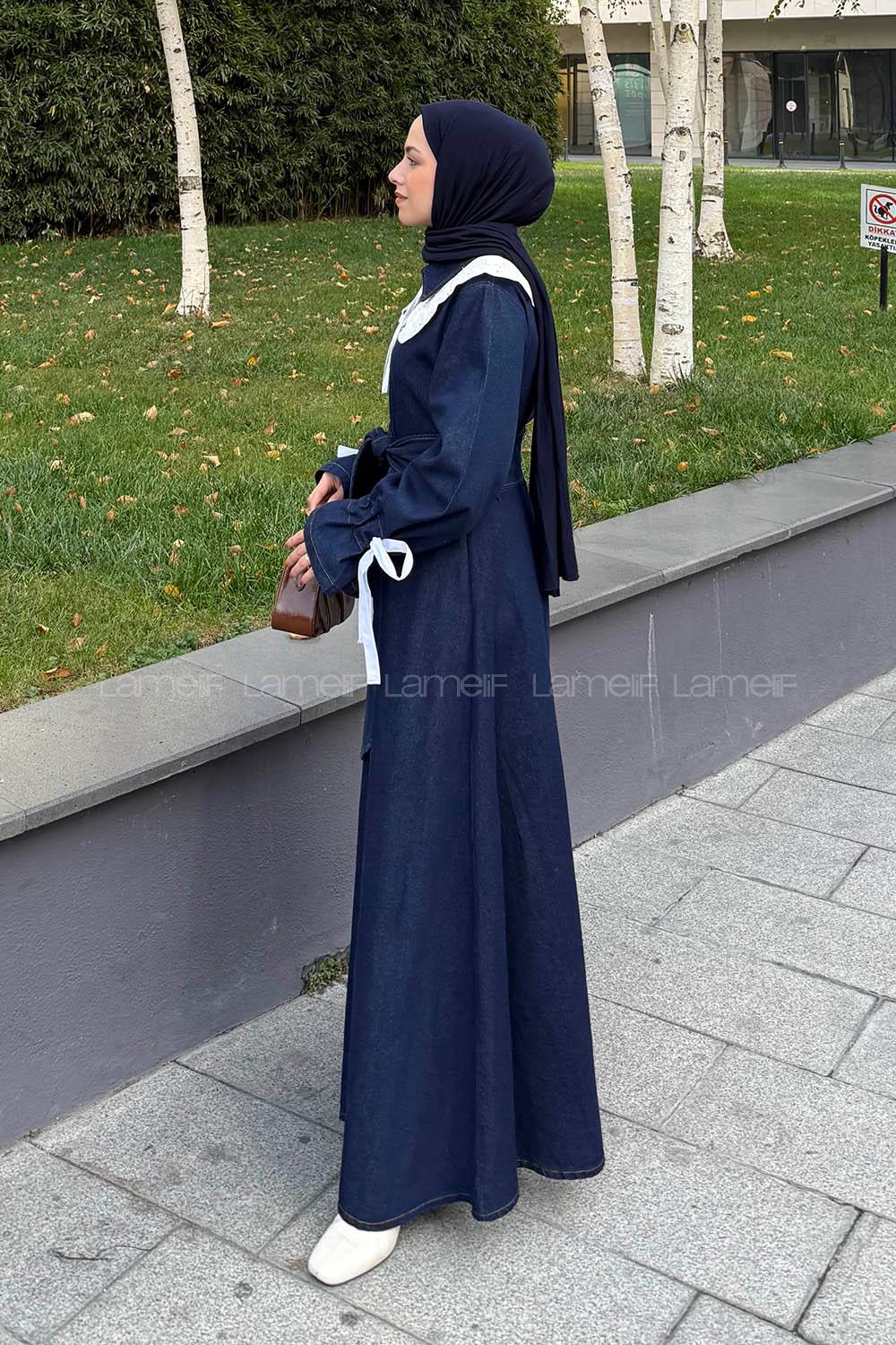 Lamelif Dantel Yaka Kot Elbise Koyu Mavi