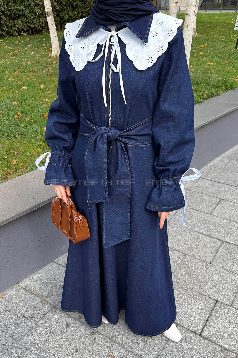 Lamelif Dantel Yaka Kot Elbise Koyu Mavi