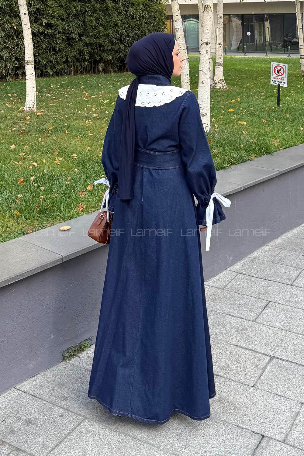 Lamelif Dantel Yaka Kot Elbise Koyu Mavi