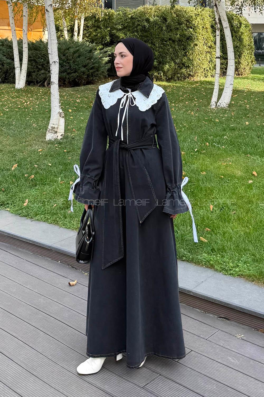 Lamelif Dantel Yaka Kot Elbise Siyah