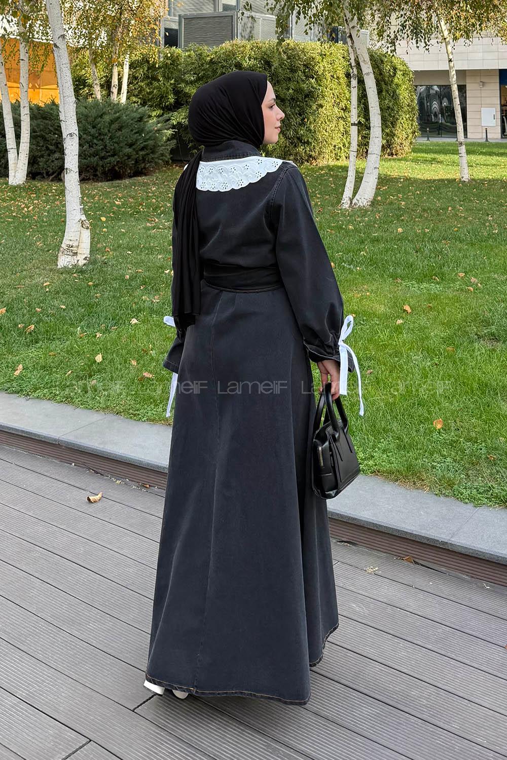 Lamelif Dantel Yaka Kot Elbise Siyah