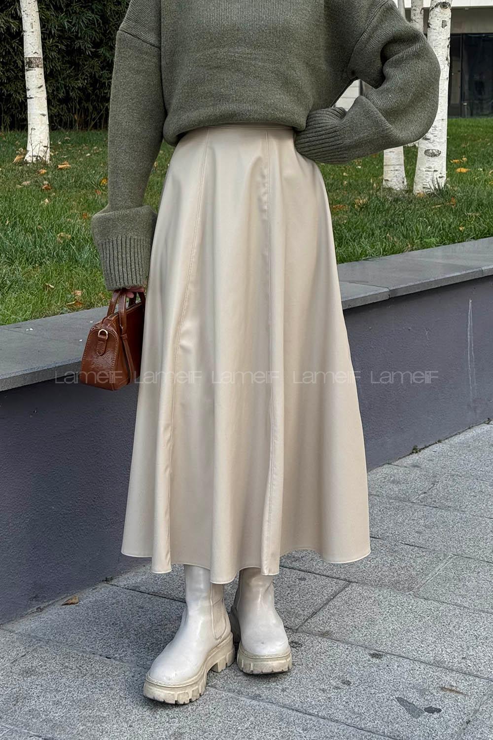 Lamelif Deri Etek Taş Rengi