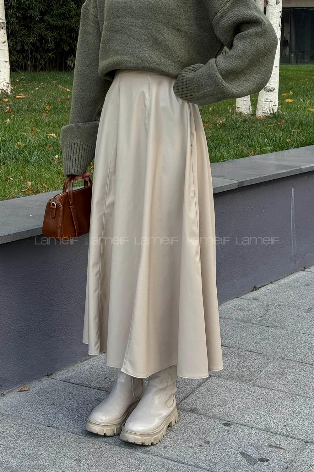 Lamelif Deri Etek Taş Rengi