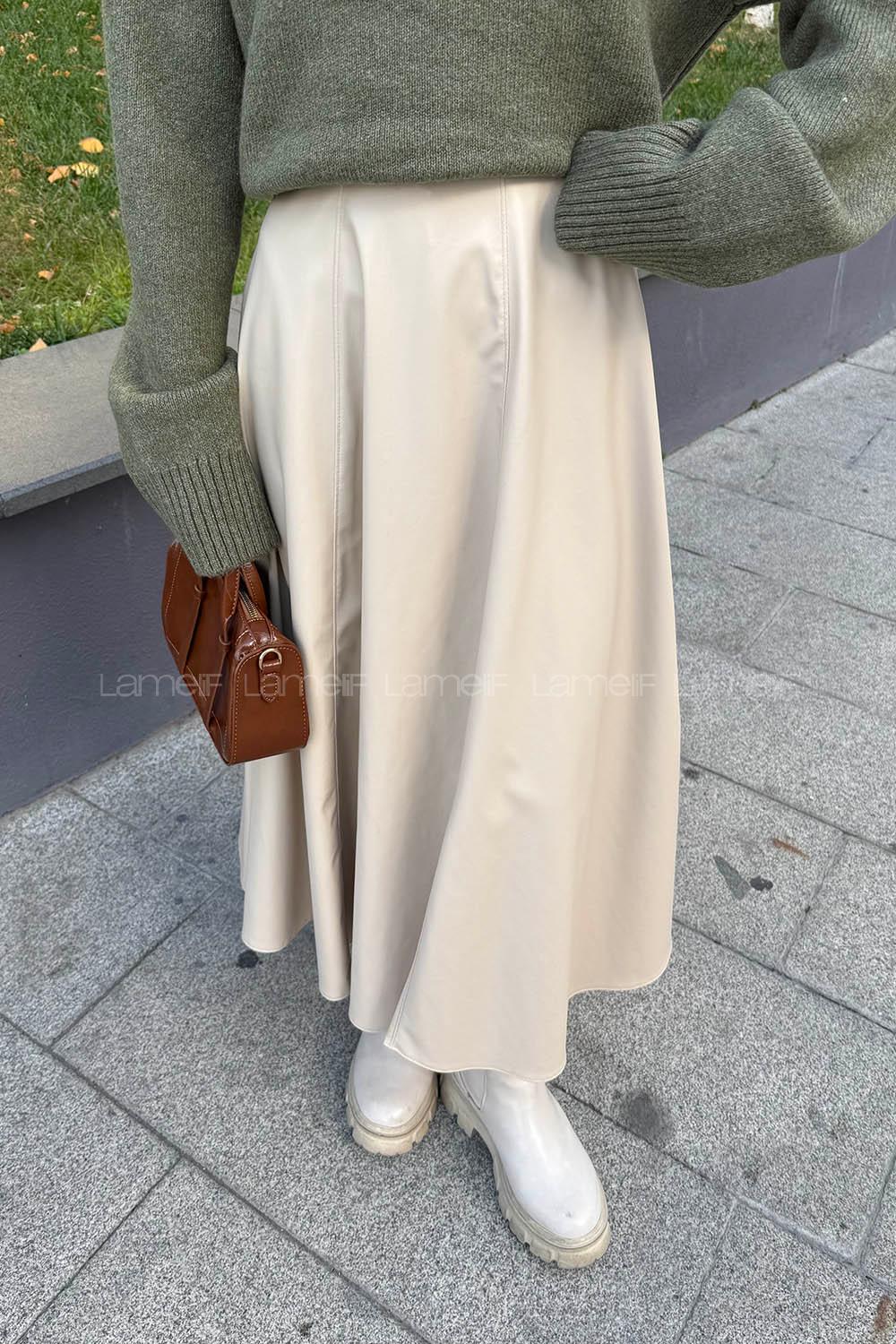 Lamelif Deri Etek Taş Rengi