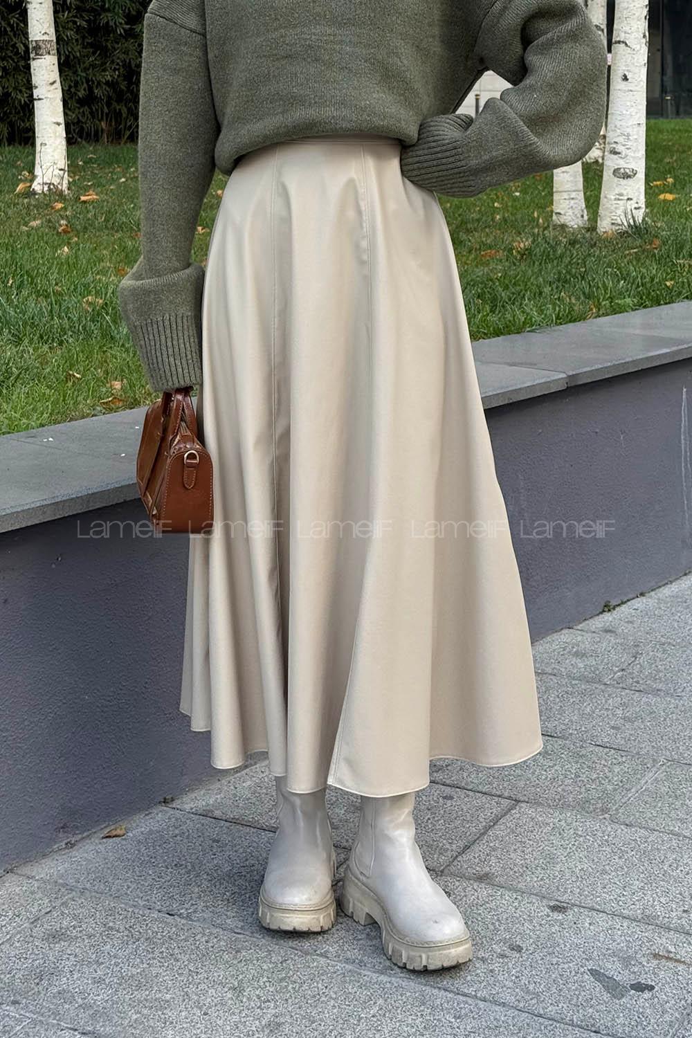 Lamelif Deri Etek Taş Rengi