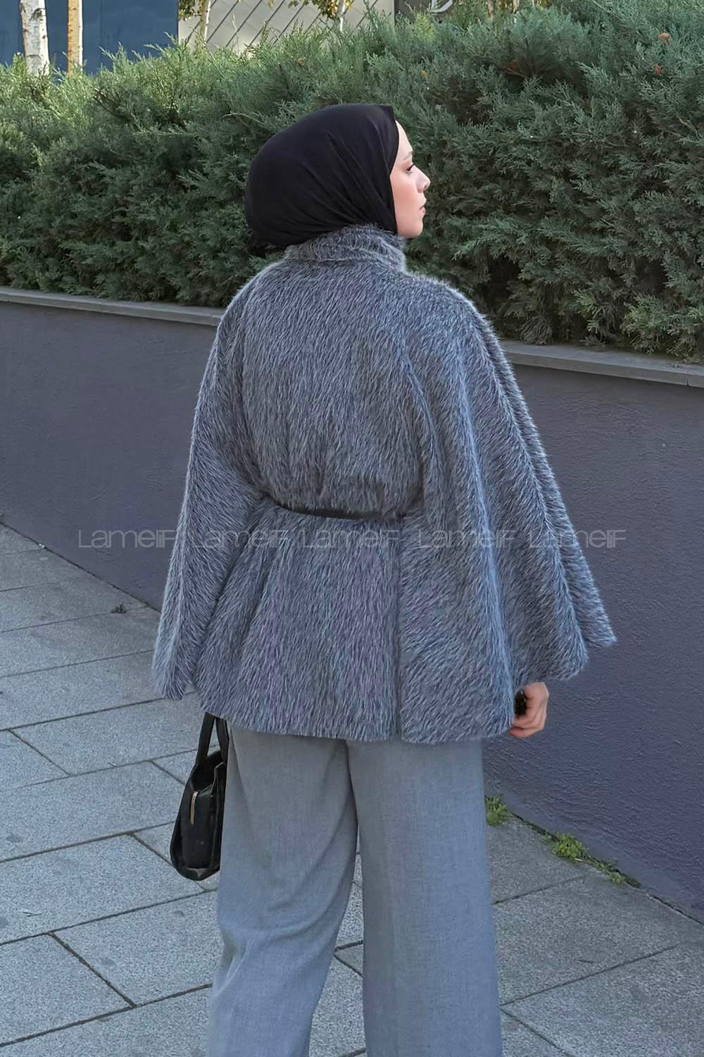 Lamelif Düğmeli Kemerli Panço Gri