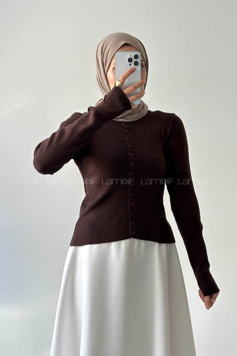 Lamelif Fitilli Düğmeli Hırka Acı Kahve