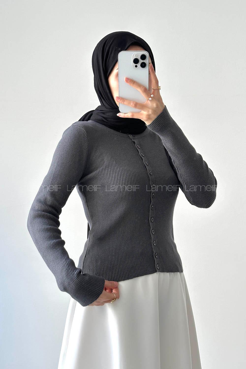 Lamelif Fitilli Düğmeli Hırka Antrasit