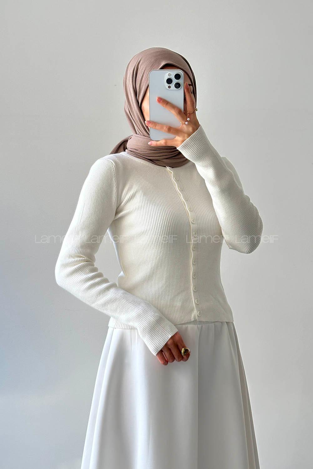 Lamelif Fitilli Düğmeli Hırka Kemik