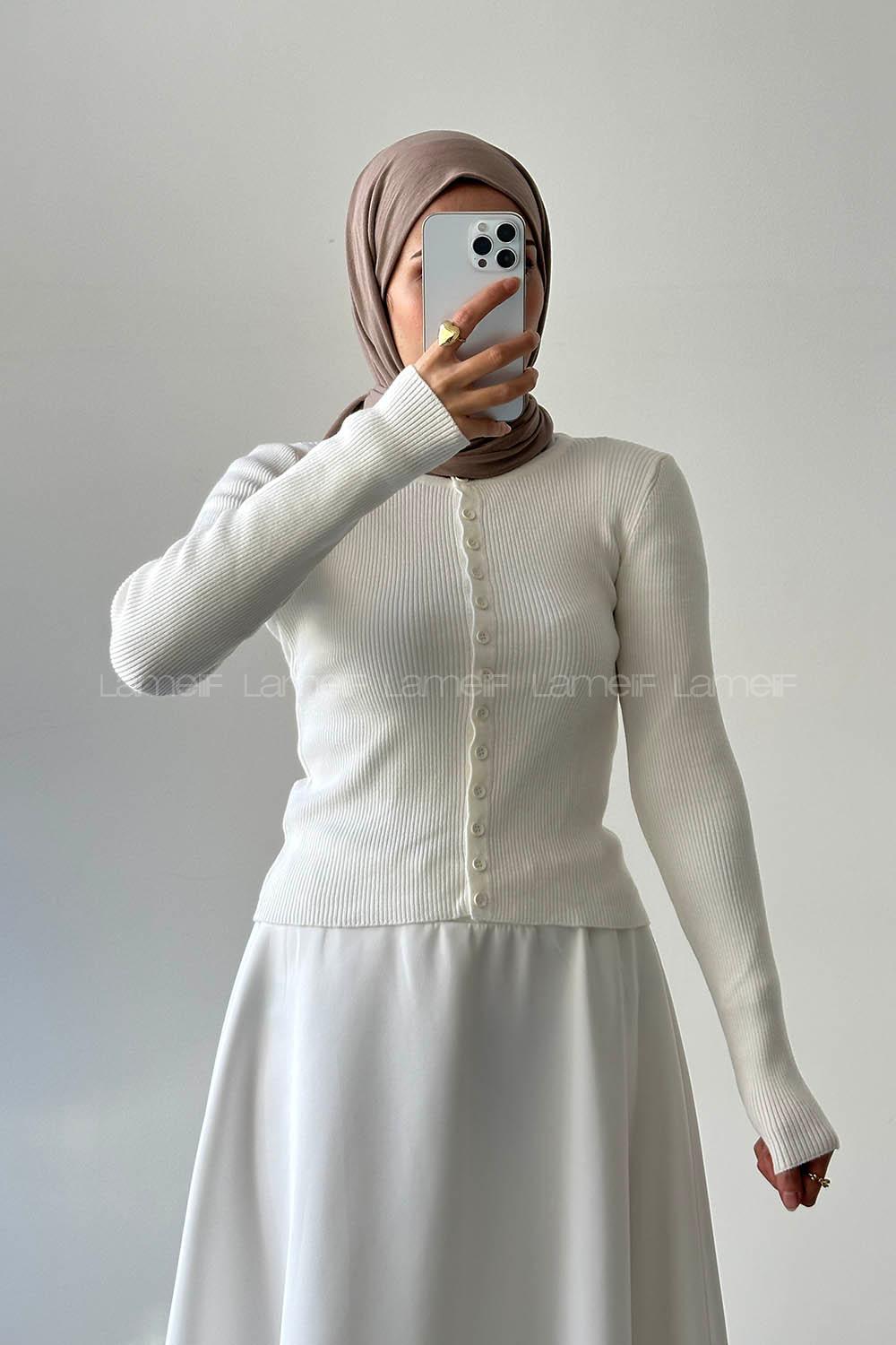 Lamelif Fitilli Düğmeli Hırka Kemik