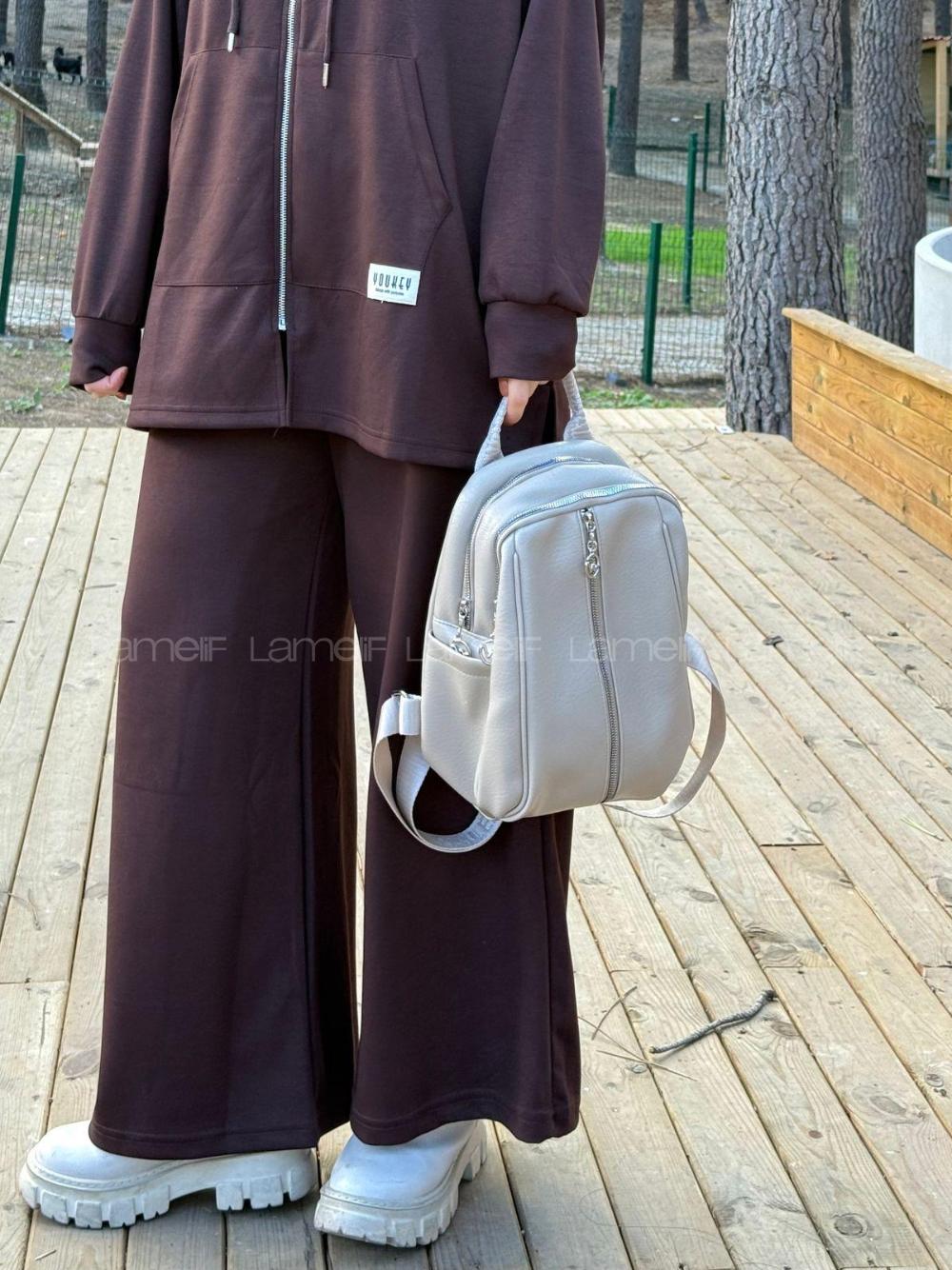 Lamelif Gümüş Fermuarlı Suni Deri Sırt Çantası