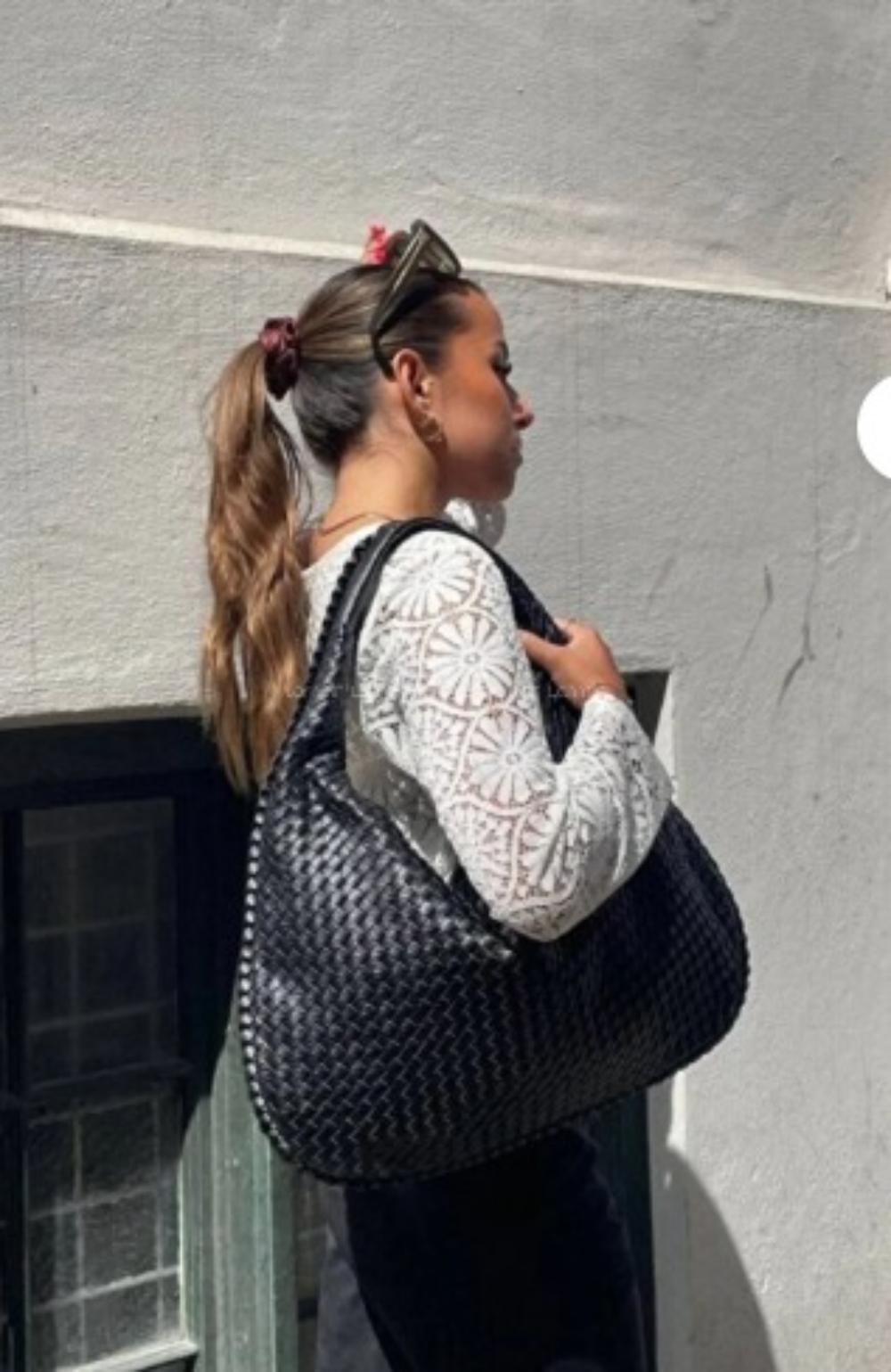 Lamelif Kadın Örgü Detay Büyük Boy Omuz ve Tote Çanta Siyah