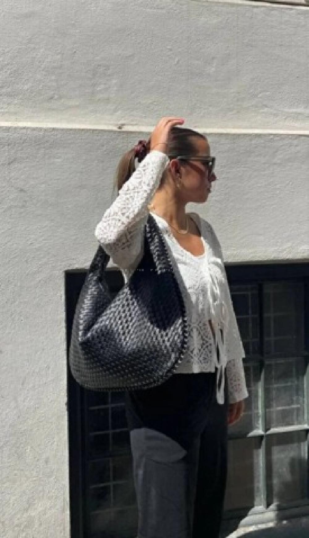 Lamelif Kadın Örgü Detay Büyük Boy Omuz ve Tote Çanta Siyah