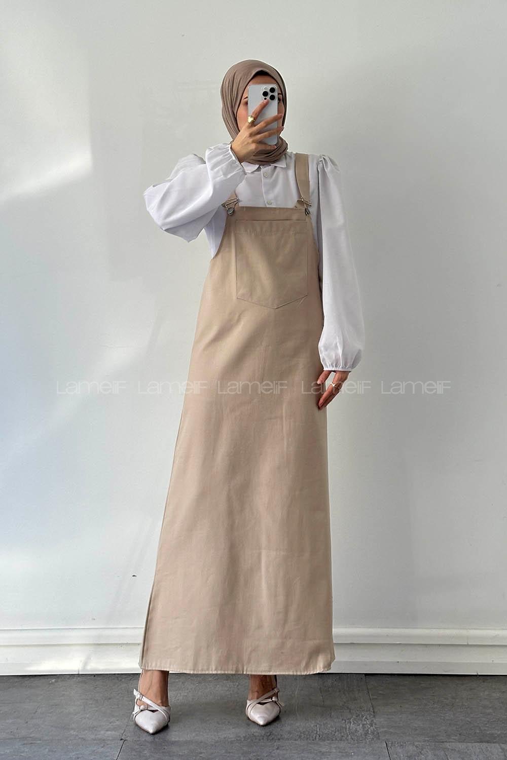 Lamelif Kanguru Cepli Tesettür Elbise Krem
