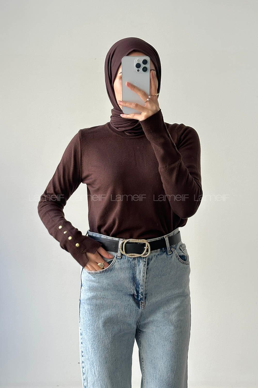 Lamelif Kol Drop Detaylı Kazak Acı Kahve