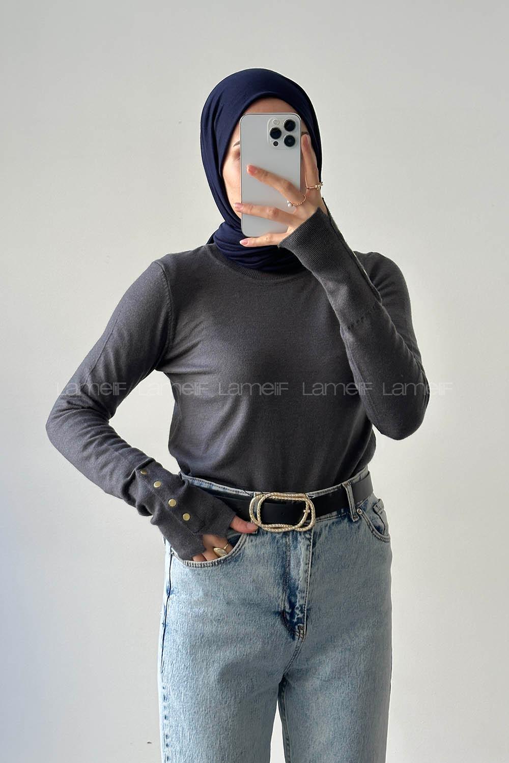 Lamelif Kol Drop Detaylı Kazak Antrasit