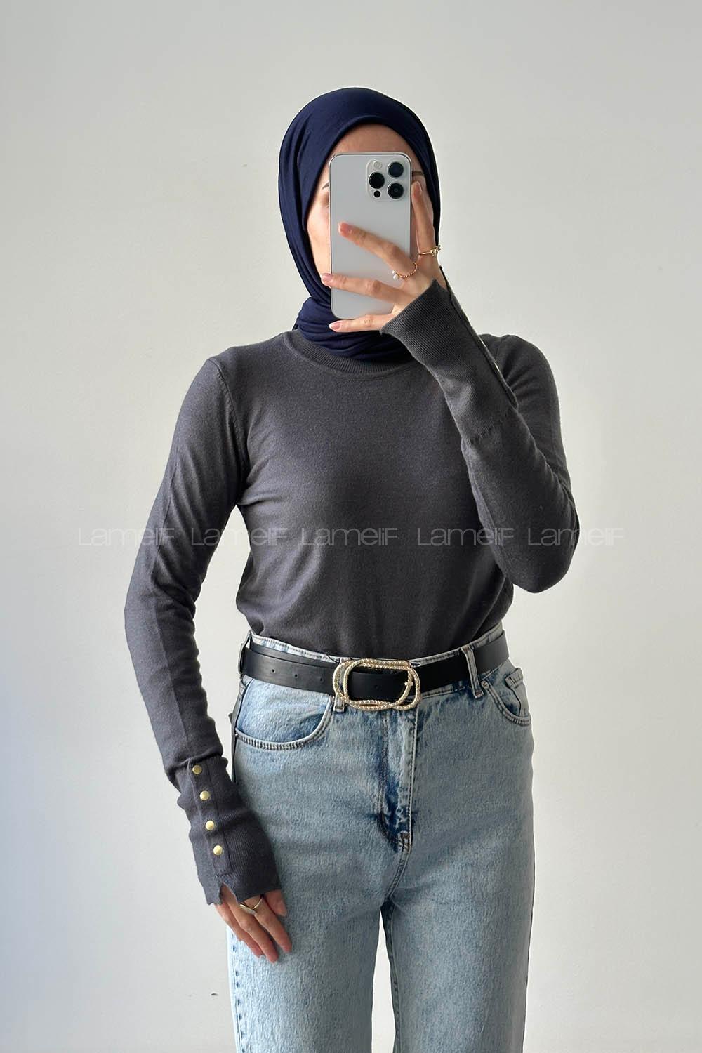 Lamelif Kol Drop Detaylı Kazak Antrasit