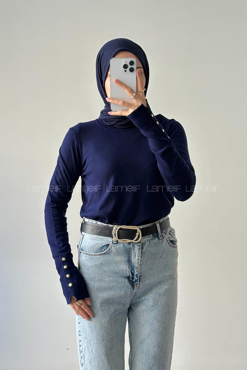 Lamelif Kol Drop Detaylı Kazak Lacivert