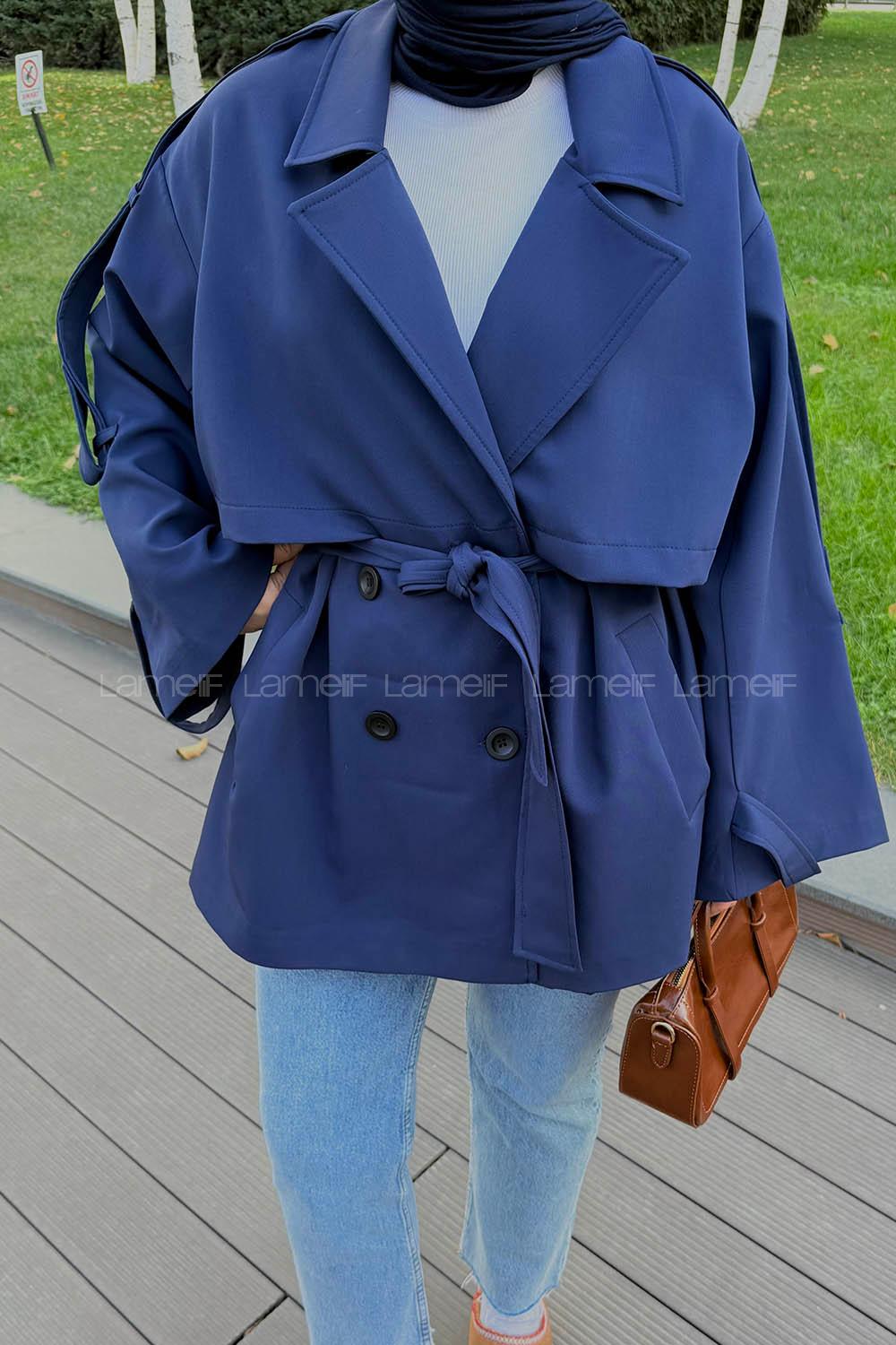 Lamelif Omuz Apoletli Kısa Trençkot Lacivert