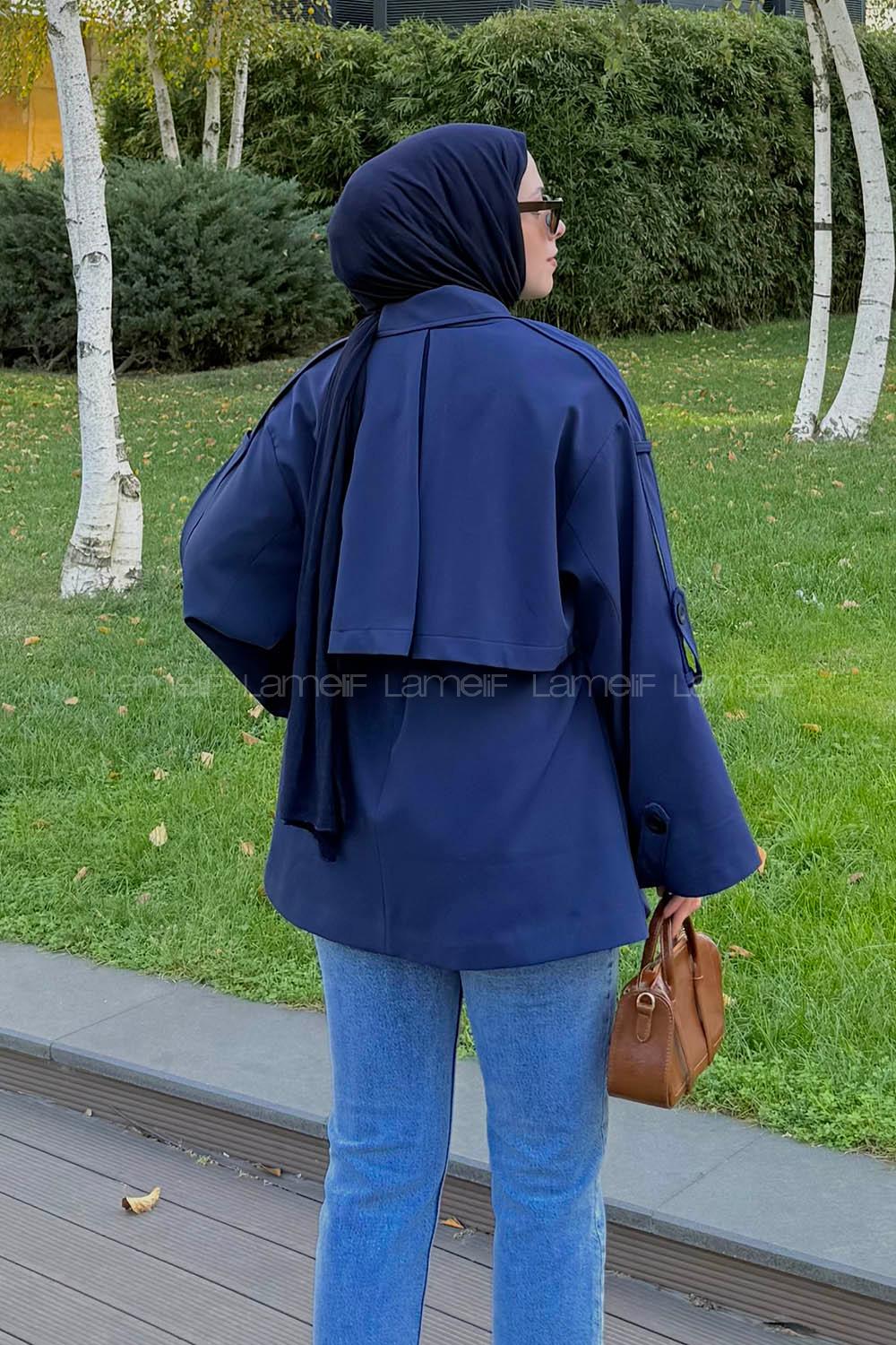 Lamelif Omuz Apoletli Kısa Trençkot Lacivert