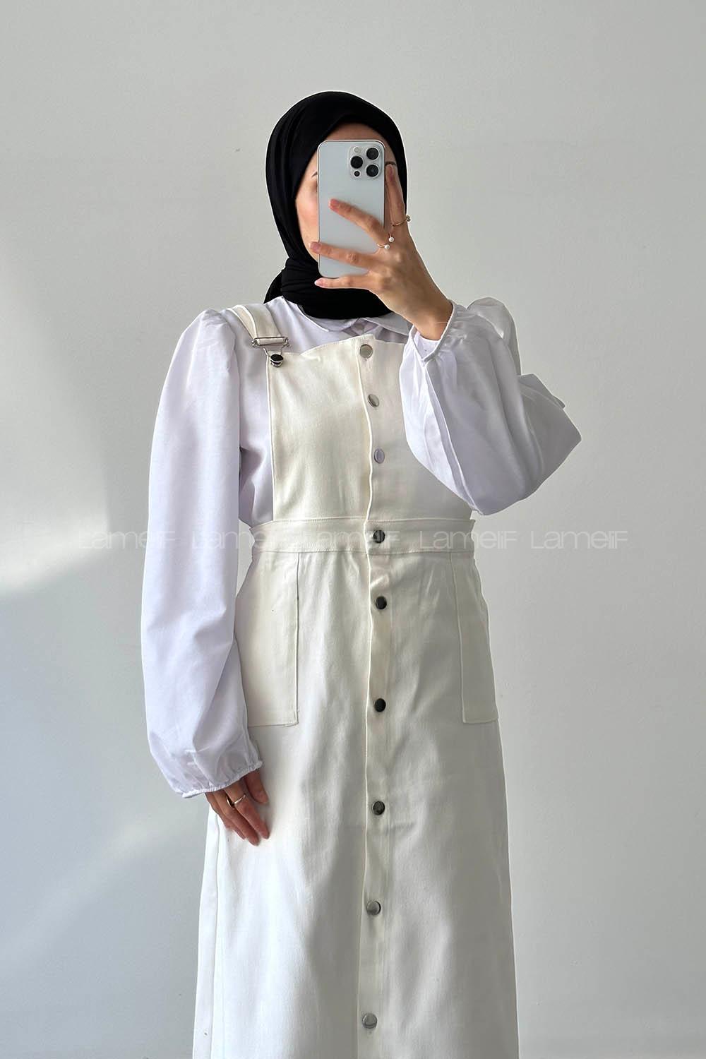 Lamelif Önü Boydan Düğmeli Salopet Kırık Beyaz