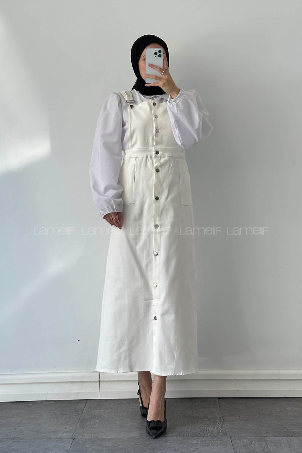 Lamelif Önü Boydan Düğmeli Salopet Kırık Beyaz