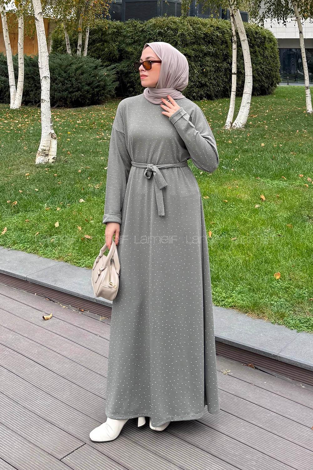 Lamelif Taş Detaylı Tesettür Elbise Haki