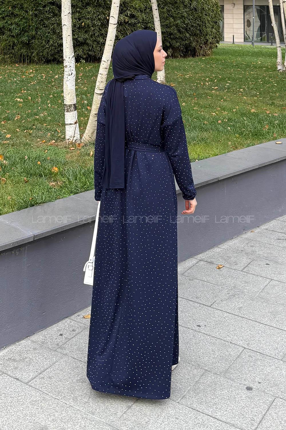 Lamelif Taş Detaylı Tesettür Elbise Lacivert