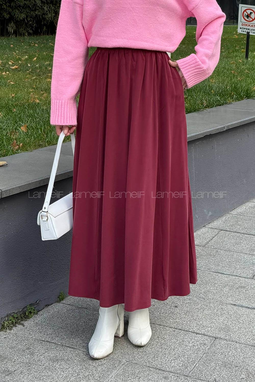 Lamelif Tensel Tesettür Etek Bordo