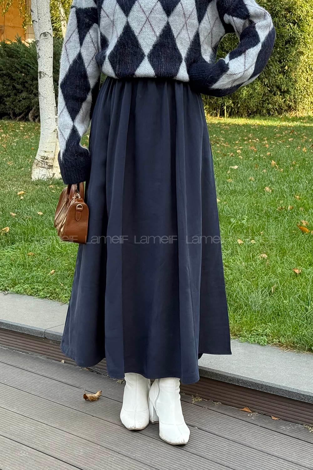 Lamelif Tensel Tesettür Etek Lacivert
