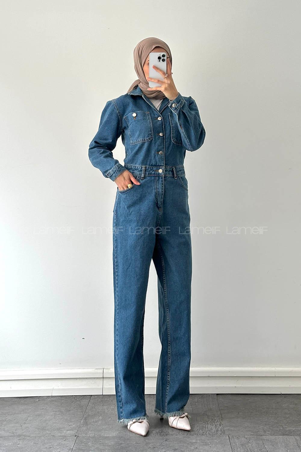 Lamelif Uzun Kollu Kot Tulum Kesik Paça  Koyu Mavi