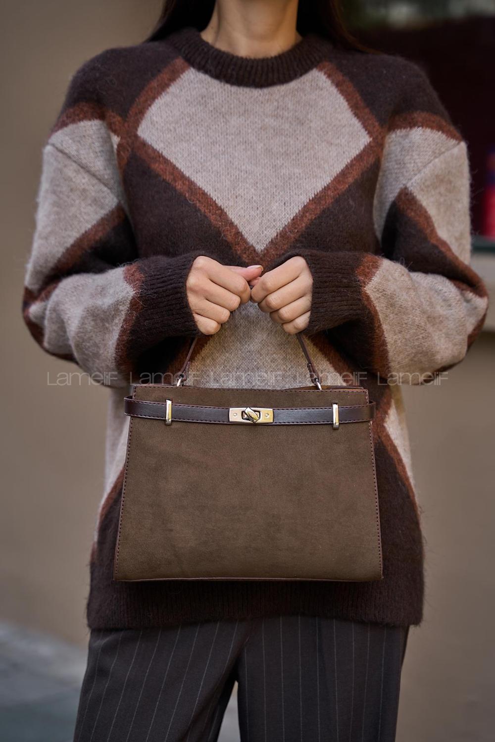 Lamelif Hermez Gold Kemer Detaylı Süet Kadın Çanta Acı Kahve