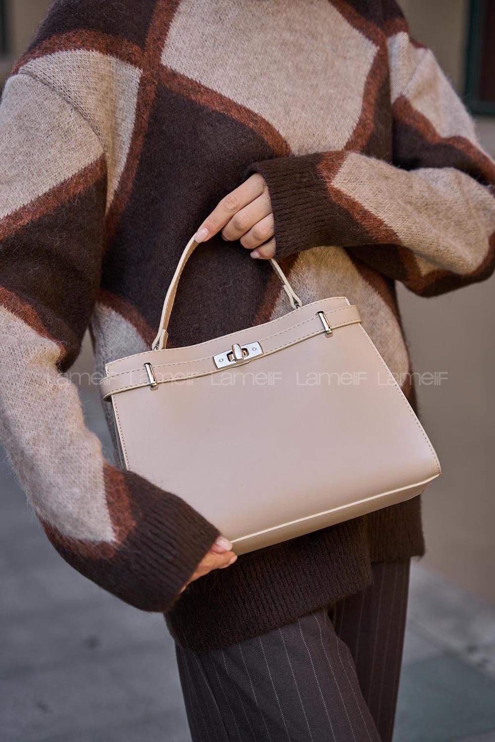 Lamelif Hermez Gold Kemer Detaylı Süet Kadın Çanta Krem