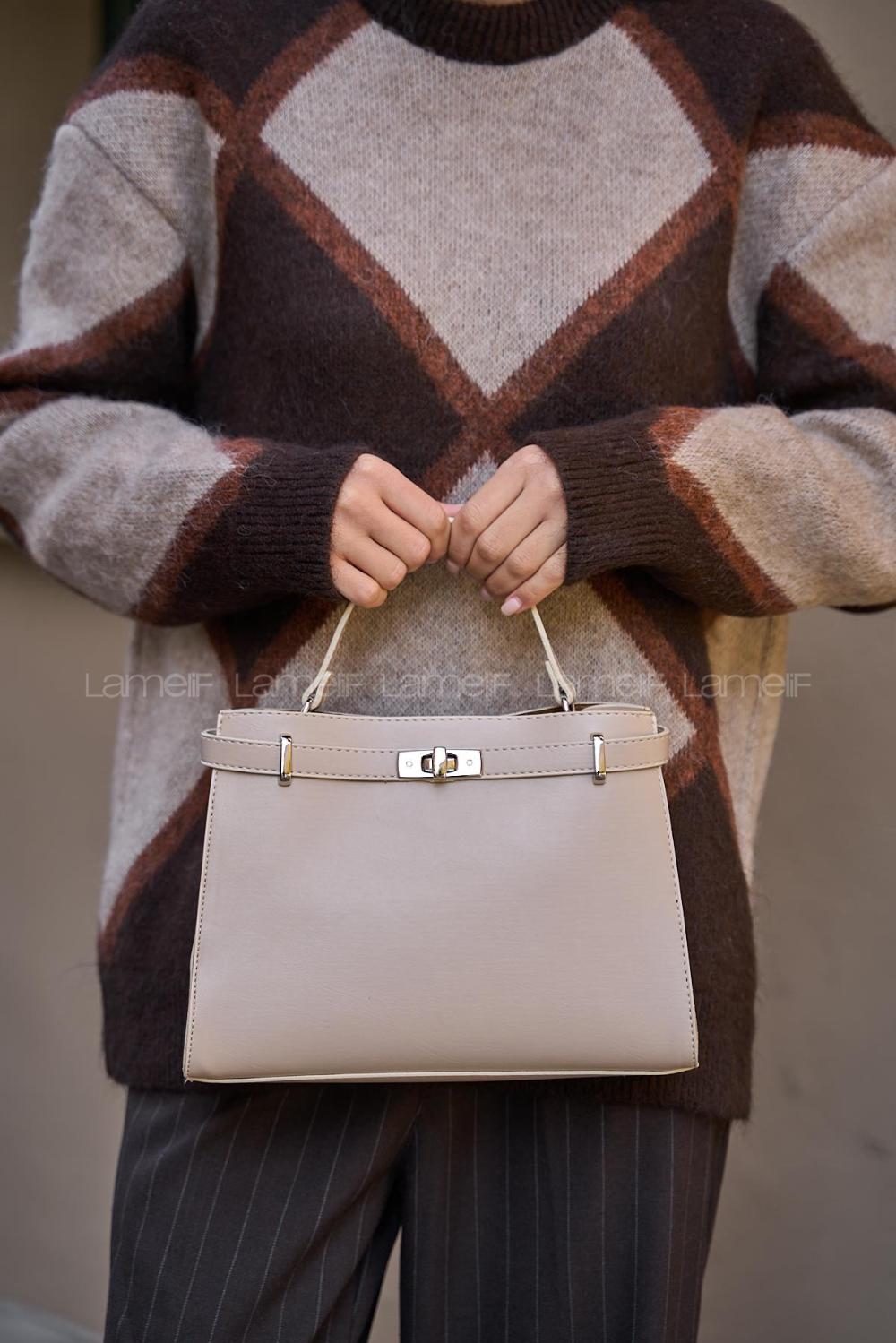 Lamelif Hermez Gold Kemer Detaylı Süet Kadın Çanta Krem