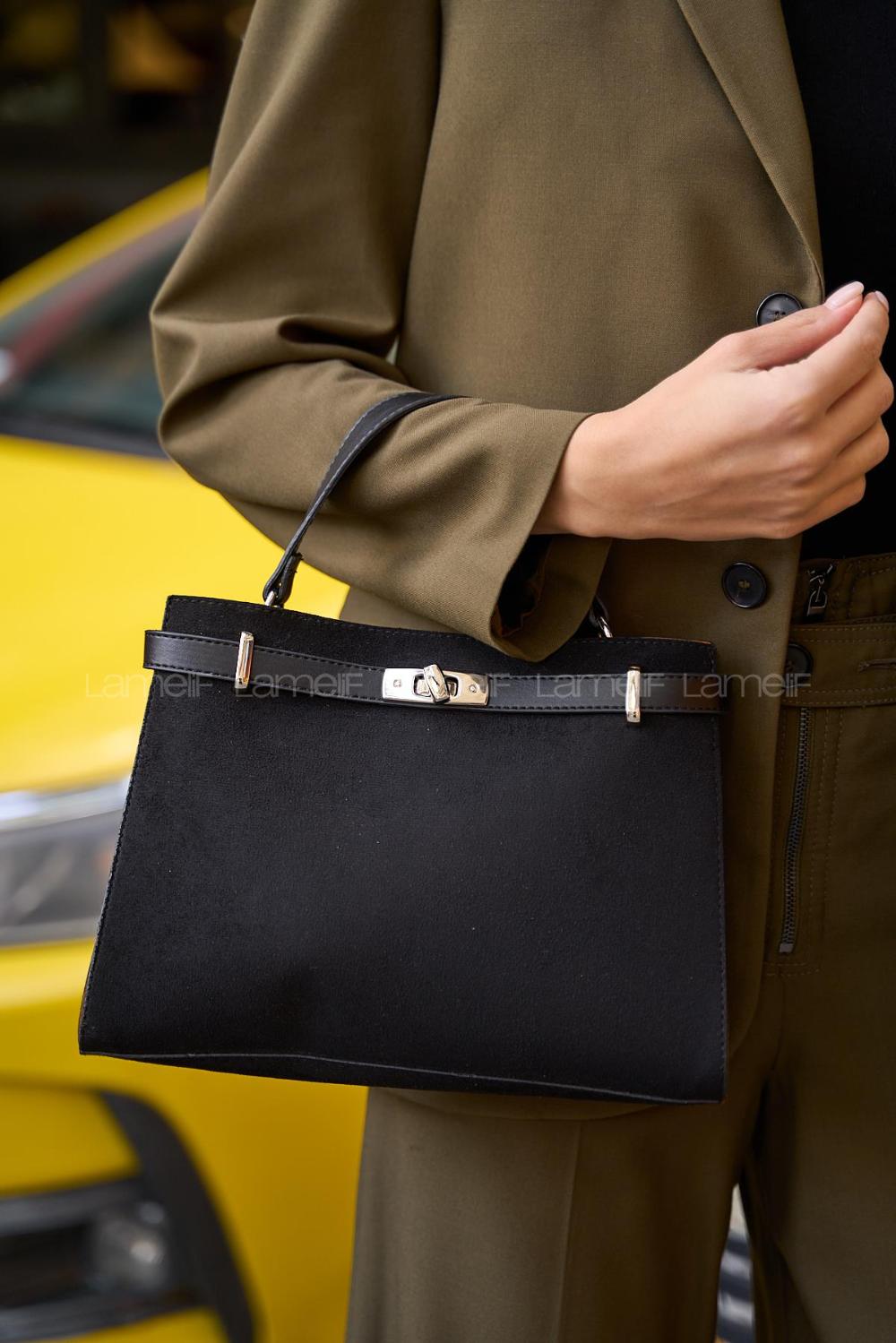 Lamelif Hermez Gold Kemer Detaylı Süet Kadın Çanta Siyah