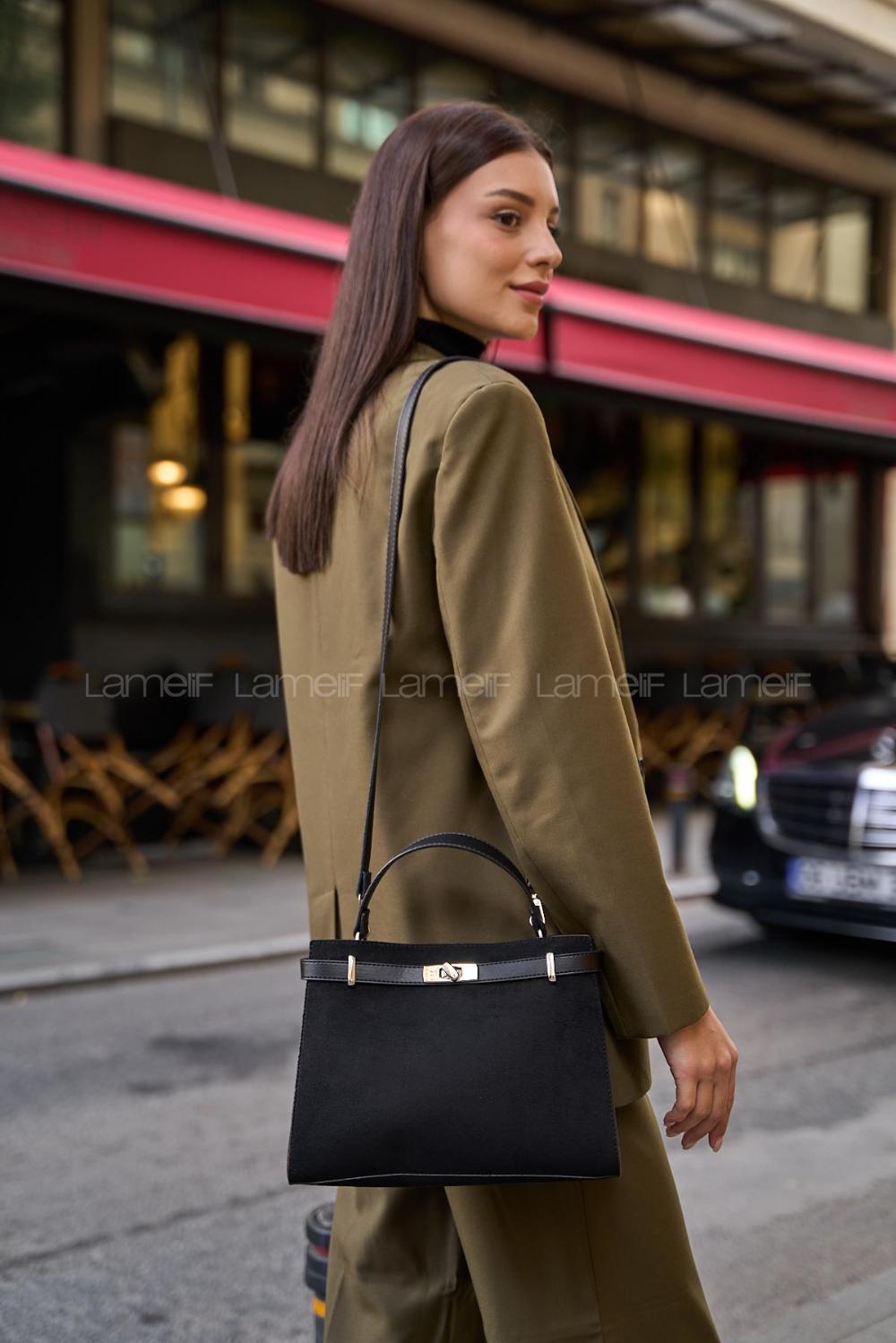 Lamelif Hermez Gold Kemer Detaylı Süet Kadın Çanta Siyah