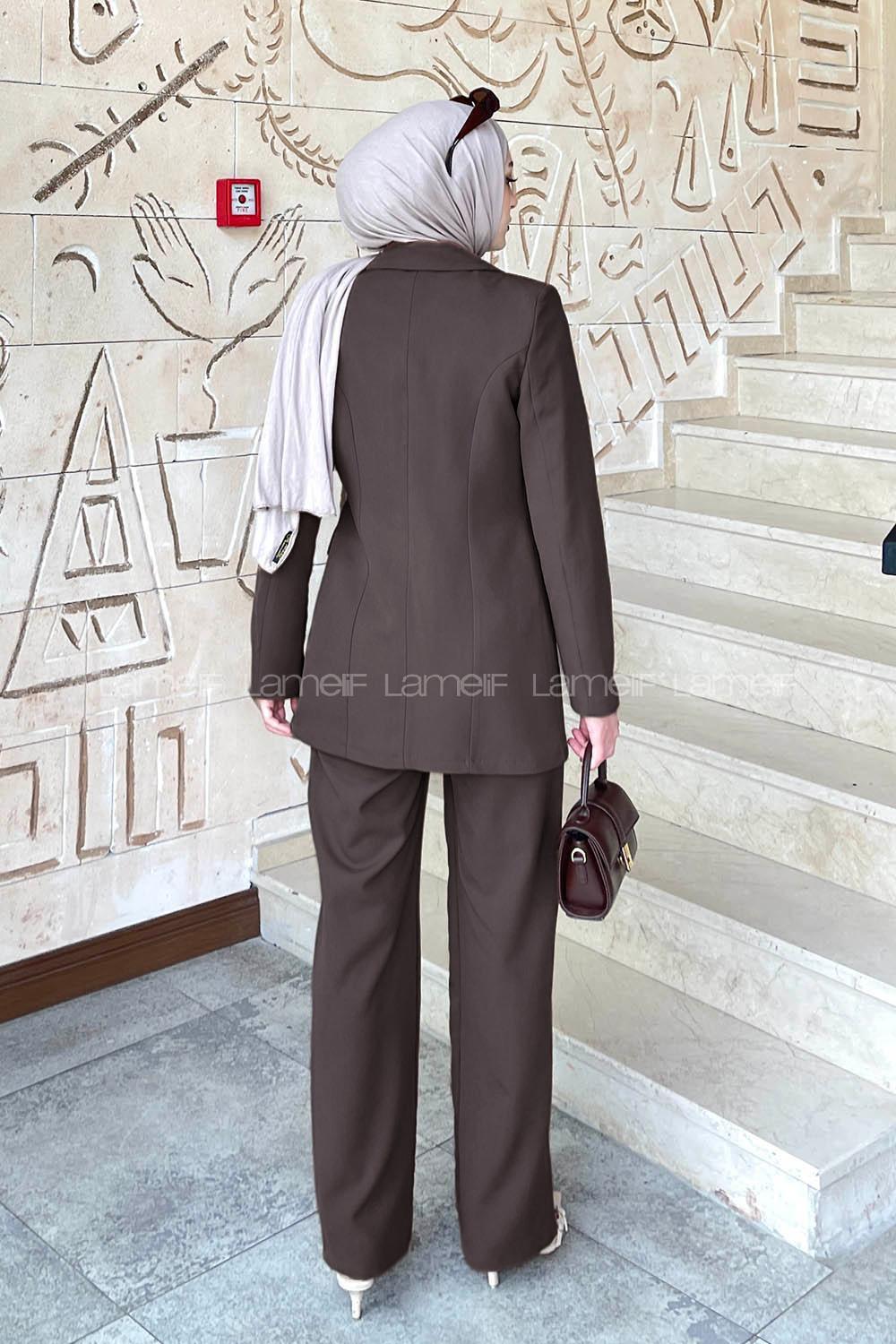 Lamelif Bağlama Detaylı Ceket Takım Acı Kahve