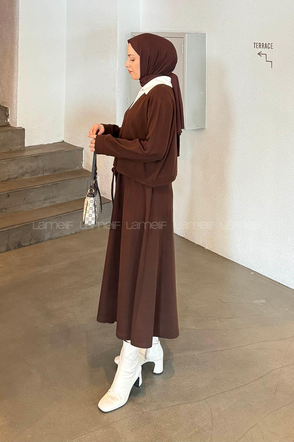 Lamelif Beyaz Yaka Triko Takım Acı Kahve