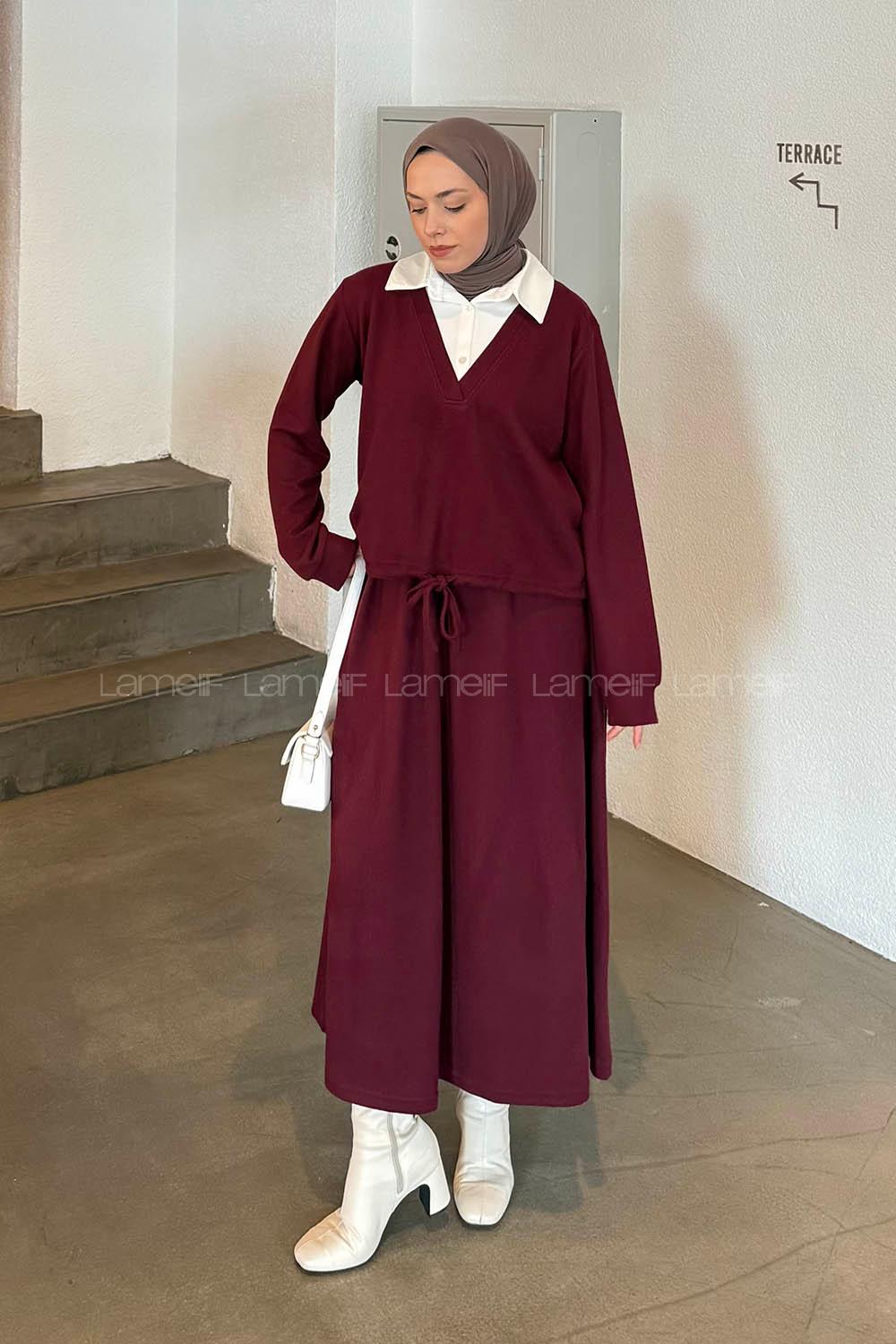 Lamelif Beyaz Yaka Triko Takım Bordo